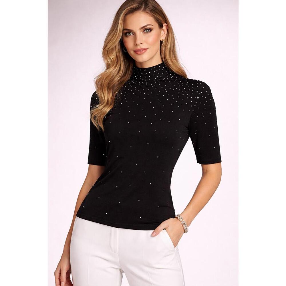 St. John Black Rhinestone Knit Top Size Small Mock Neck Elegant Evening Style